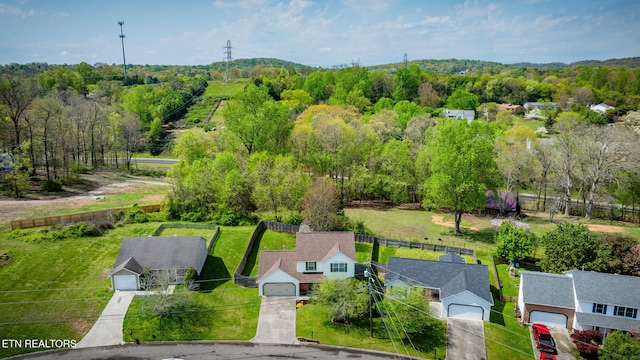 bird's eye view featuring a wooded view