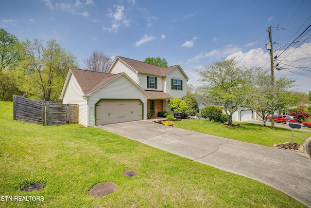 view of front of home featuring an attached garage, fence, concrete driveway, a shingled roof, and a front yard