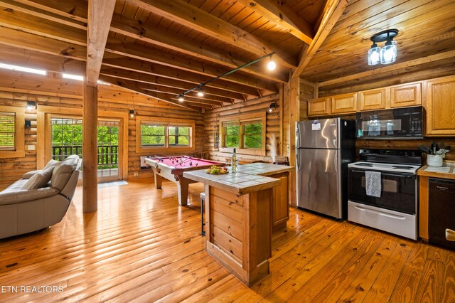 kitchen featuring wooden ceiling, lofted ceiling with beams, black appliances, light wood finished floors, and tile counters