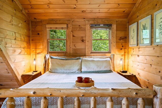 bedroom with wooden ceiling, vaulted ceiling, and wood walls