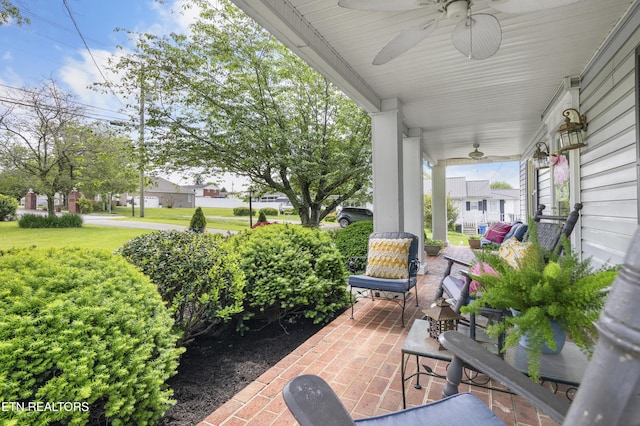 view of patio / terrace featuring ceiling fan and a porch