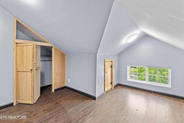 additional living space featuring dark wood-style flooring, baseboards, and lofted ceiling