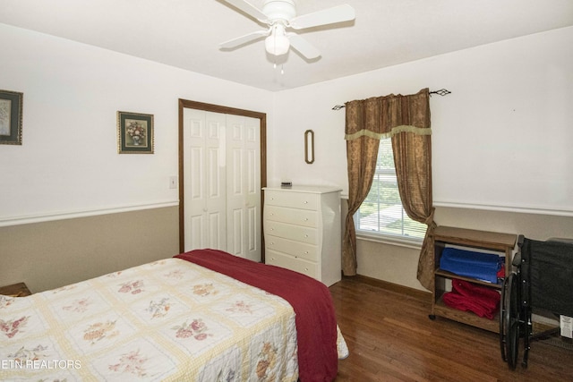 bedroom featuring a closet, ceiling fan, and wood finished floors