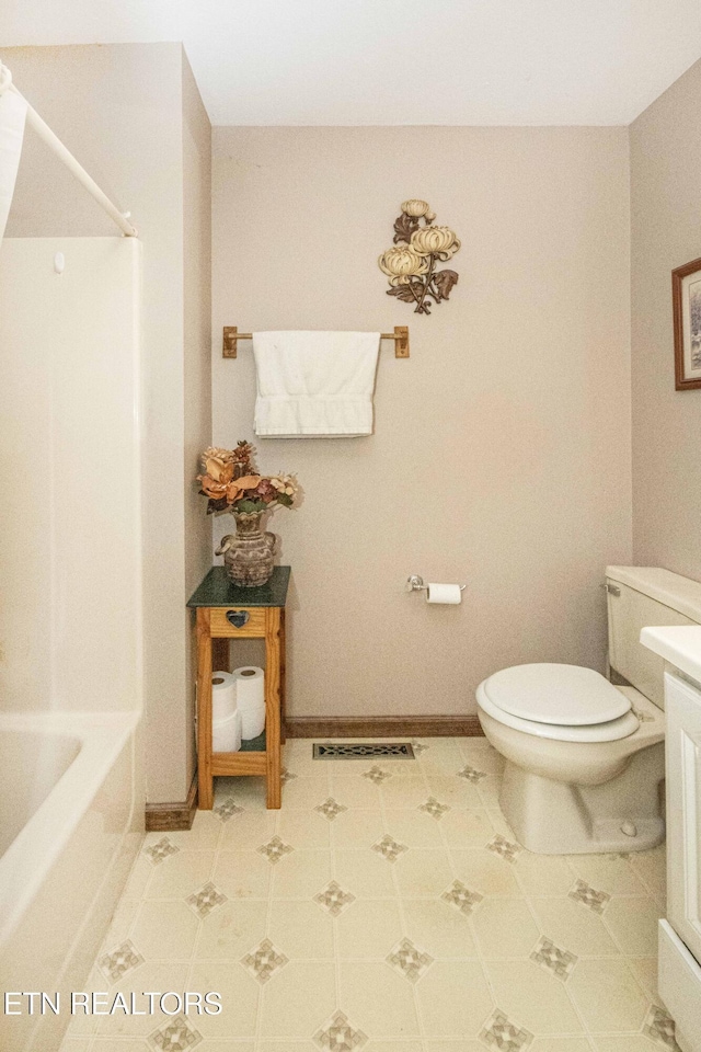full bath featuring a bath, visible vents, walk in shower, baseboards, and toilet