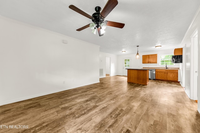 2208 Island Blvd, Sevierville, TN 37876 - unfurnished living room with light wood-style flooring, baseboards, a sink, a ceiling fan, and ornamental molding