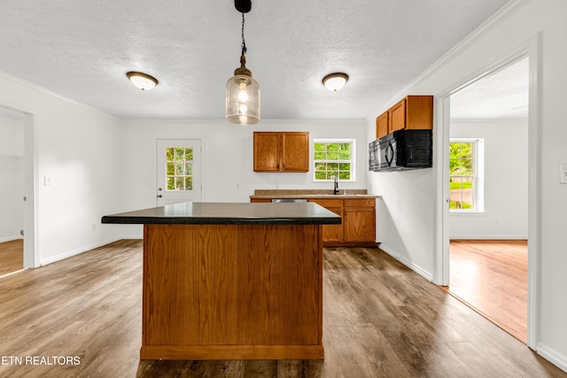 2208 Island Blvd, Sevierville, TN 37876 - kitchen with black microwave, a sink, healthy amount of natural light, wood finished floors, and a textured ceiling
