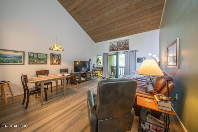 57 Eagle Ct, Crossville, TN 38558 - living area with high vaulted ceiling, wood ceiling, wood finished floors, and baseboards