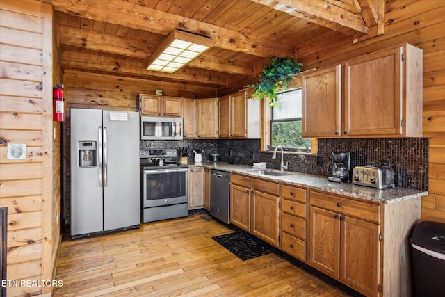 kitchen featuring beam ceiling, wooden ceiling, a sink, backsplash, and stainless steel appliances
