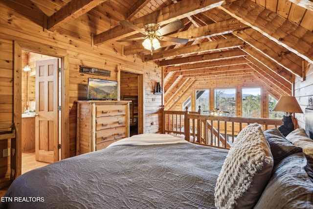 bedroom featuring wooden ceiling, lofted ceiling with beams, and wood walls