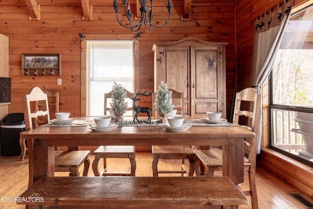 dining space with visible vents, beamed ceiling, a chandelier, wooden walls, and light wood-style flooring