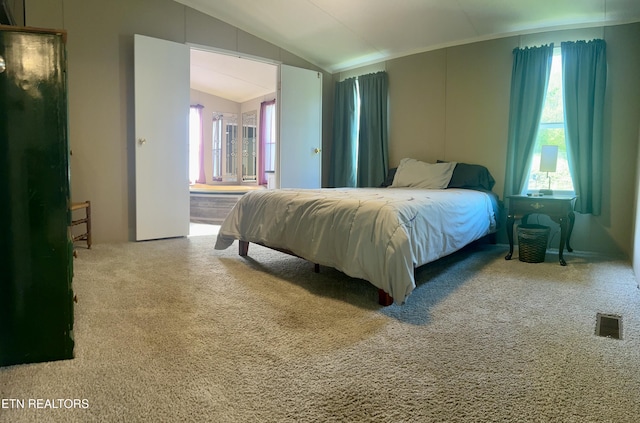 bedroom with visible vents, carpet, and lofted ceiling