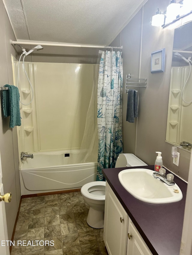 bathroom with shower / bath combo with shower curtain, a textured ceiling, toilet, and vanity