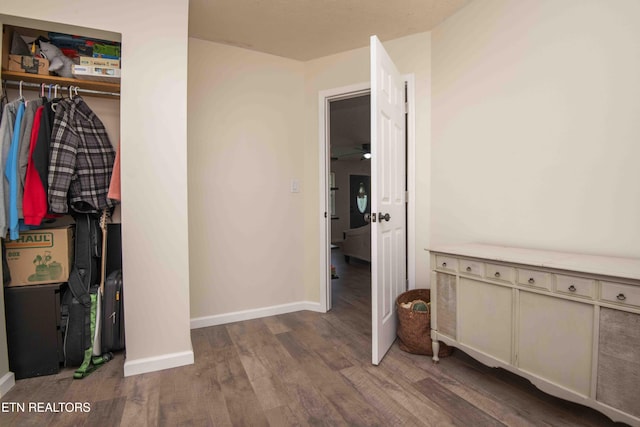interior space with baseboards, wood finished floors, and a closet