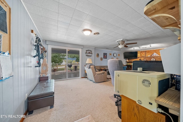 carpeted living area with wooden walls, ceiling fan, and rail lighting