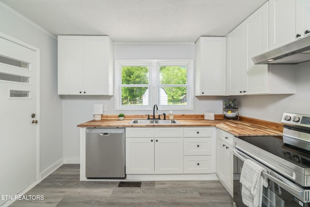 309 Evergreen St, Harriman, TN 37748 - kitchen featuring light wood finished floors, under cabinet range hood, a sink, wood counters, and appliances with stainless steel finishes