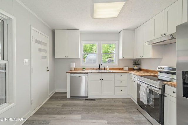 309 Evergreen St, Harriman, TN 37748 - kitchen with white cabinetry, under cabinet range hood, a sink, wood counters, and stainless steel appliances