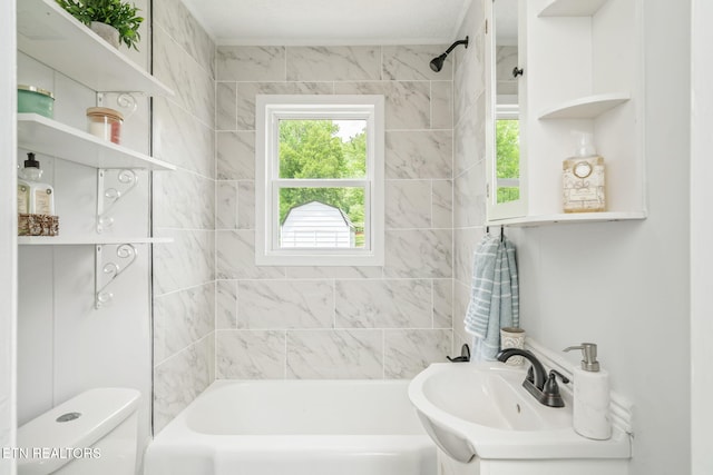 309 Evergreen St, Harriman, TN 37748 - bathroom featuring a sink, shower / bathtub combination, and toilet