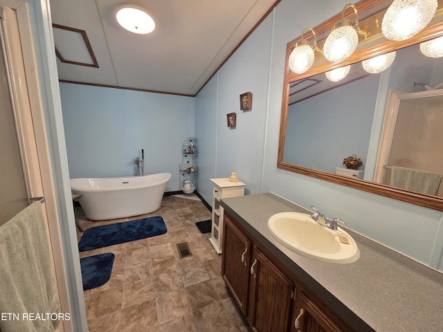 bathroom with stone finish floor, visible vents, an enclosed shower, a freestanding tub, and vanity