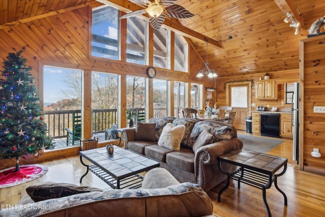 living area featuring wood walls, light wood-style flooring, high vaulted ceiling, and beamed ceiling