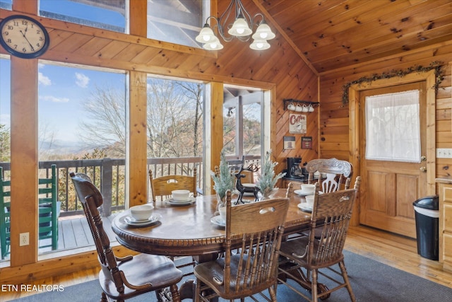 dining area with an inviting chandelier, wood walls, wood finished floors, vaulted ceiling, and wood ceiling