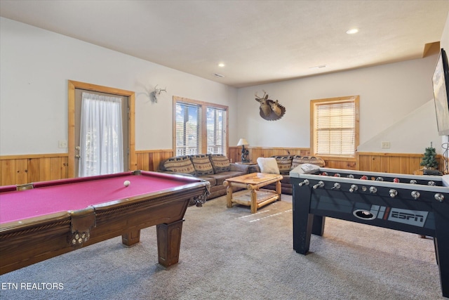 recreation room with wainscoting, wood walls, and a wealth of natural light