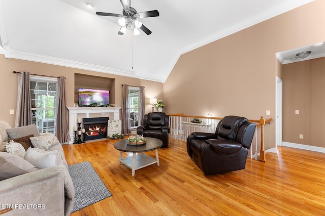 4322 Wellesley Dr, Ooltewah, TN 37363 - living room featuring ornamental molding, a ceiling fan, and lofted ceiling
