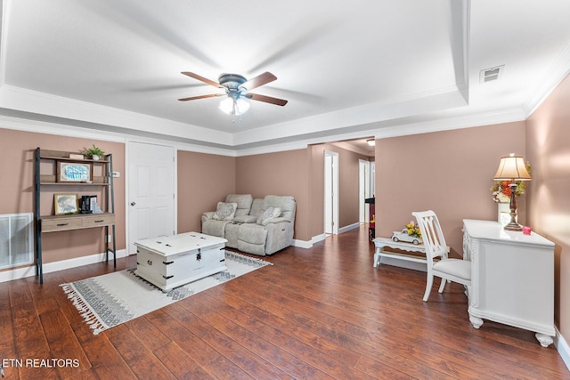 4322 Wellesley Dr, Ooltewah, TN 37363 - living area featuring crown molding, a ceiling fan, visible vents, and dark wood-style floors
