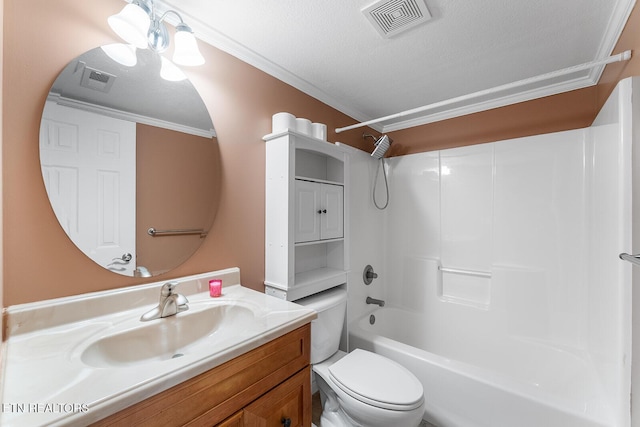 4322 Wellesley Dr, Ooltewah, TN 37363 - bathroom featuring shower / bath combination, visible vents, vanity, toilet, and ornamental molding