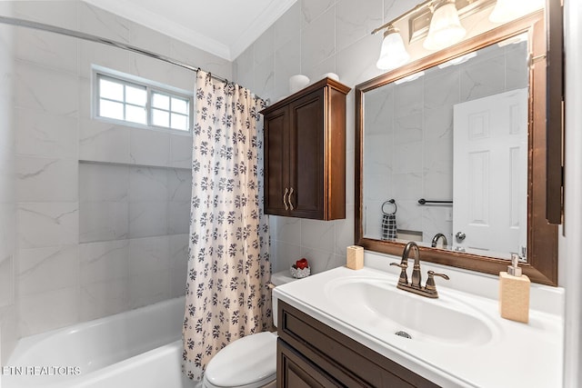 4322 Wellesley Dr, Ooltewah, TN 37363 - bathroom with vanity, toilet, shower / bath combination with curtain, tile walls, and ornamental molding