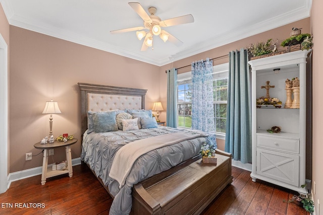 4322 Wellesley Dr, Ooltewah, TN 37363 - bedroom with crown molding, baseboards, a ceiling fan, and dark wood-style floors