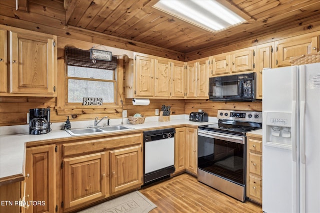 kitchen featuring a sink, wooden ceiling, white appliances, and light countertops
