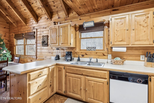 kitchen featuring white dishwasher, a sink, wooden ceiling, and light countertops