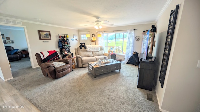 210 Schertz Ln, Rutledge, TN 37861 - living area featuring a ceiling fan, visible vents, baseboards, ornamental molding, and carpet flooring