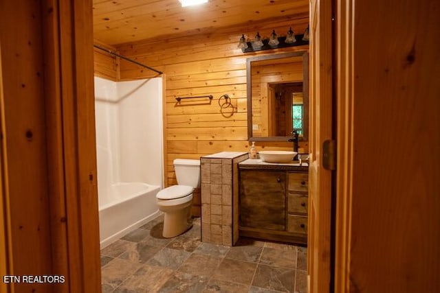 308 Black Mash Hollow Rd, Townsend, TN 37882 - bathroom with toilet, wood walls, vanity, shower / bathtub combination, and wooden ceiling