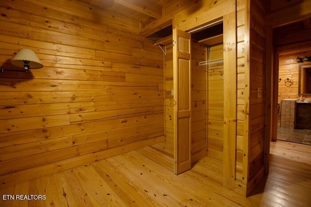 308 Black Mash Hollow Rd, Townsend, TN 37882 - interior space with wood walls, wood-type flooring, a sauna / steam room, and wood ceiling
