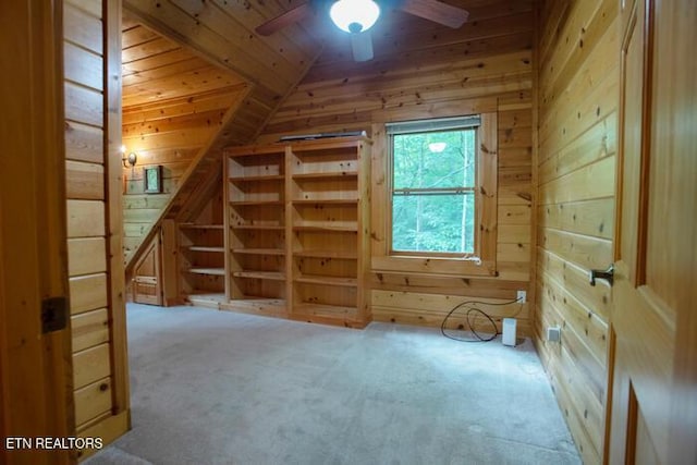 308 Black Mash Hollow Rd, Townsend, TN 37882 - additional living space with wood walls, a ceiling fan, carpet flooring, lofted ceiling, and wooden ceiling