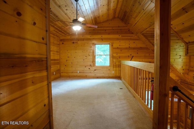 308 Black Mash Hollow Rd, Townsend, TN 37882 - additional living space with wooden ceiling, wood walls, vaulted ceiling, ceiling fan, and carpet floors