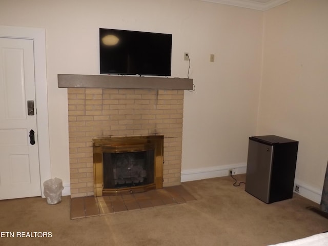 carpeted living room with a fireplace, crown molding, and baseboards