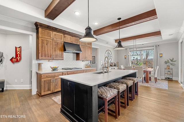 214 Watercrest Dr, Vonore, TN 37885 - kitchen with light wood-type flooring, a sink, baseboards, and exhaust hood