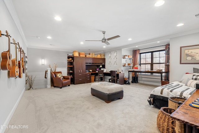 214 Watercrest Dr, Vonore, TN 37885 - living area with ceiling fan, built in desk, ornamental molding, light carpet, and recessed lighting