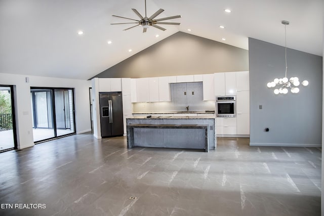 194 Forest View Dr, Crossville, TN 38558 - kitchen featuring refrigerator with ice dispenser, stainless steel oven, white cabinets, and high vaulted ceiling