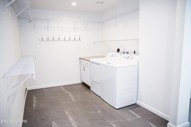 194 Forest View Dr, Crossville, TN 38558 - laundry area with marble finish floor, baseboards, recessed lighting, washing machine and clothes dryer, and cabinet space