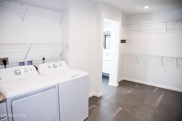 194 Forest View Dr, Crossville, TN 38558 - clothes washing area featuring baseboards, laundry area, independent washer and dryer, and marble finish floor