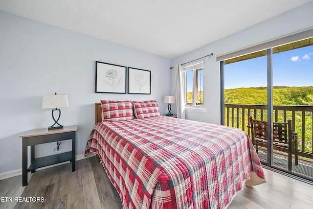 bedroom featuring access to exterior, multiple windows, and wood finished floors