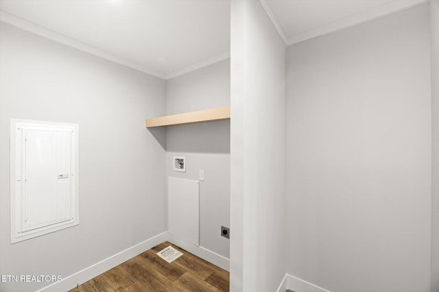 washroom featuring laundry area, washer hookup, baseboards, dark wood-type flooring, and ornamental molding