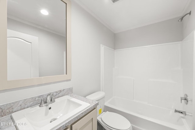 full bath with crown molding, vanity, toilet, and  shower combination