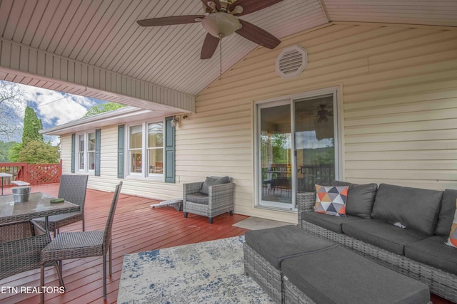 deck featuring an outdoor hangout area, outdoor dining space, ceiling fan, and visible vents