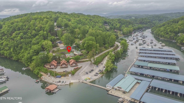 bird's eye view with a forest view and a water view