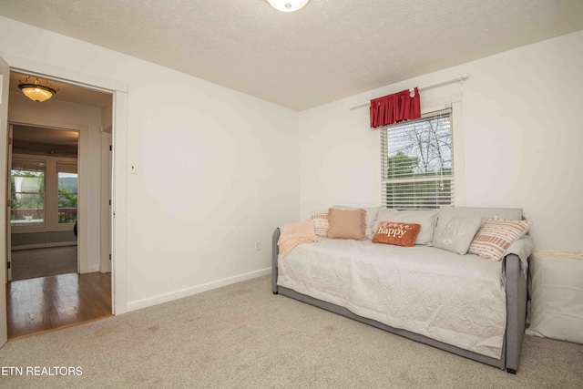 carpeted bedroom with baseboards, a textured ceiling, and multiple windows