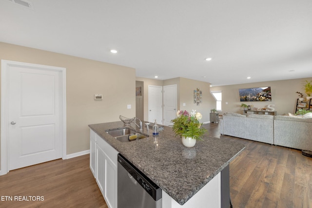 kitchen with stainless steel dishwasher, a sink, dark wood finished floors, and visible vents